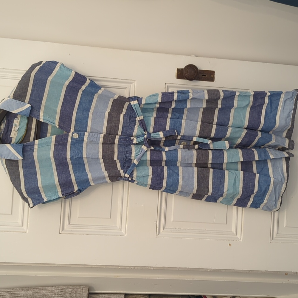 Boden linen blend blue stripe tie waist dress